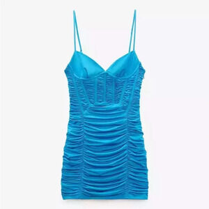 Zara Draped Corset Style Ruched Bodycon Mini Dress in Blue Size M
